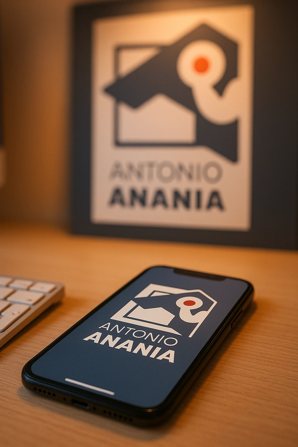 A photo of an iPhone on the desk with the logo of "Antonio Anania" on its screen, The phone sits atop a desk with a blurred with the logo in the background that suggests work environment. A faint glow from above casts gentle shadows across the surface of each object, creating depth and highlighting their textures emoji