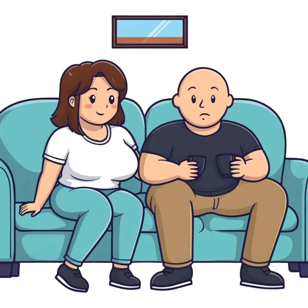 One Caucasian woman with brown hair big boobs wearing pants sitting on a couch with a bald man emoji