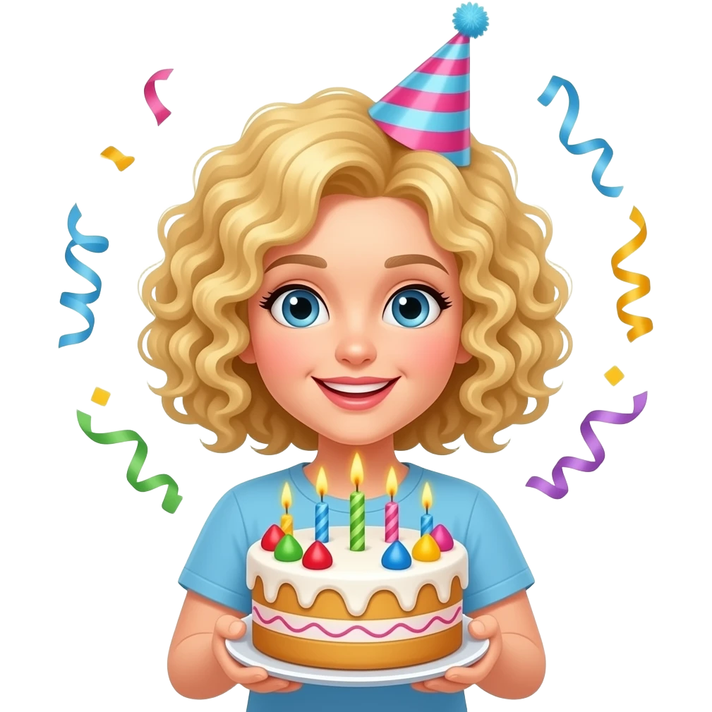 blonde tight curly hair in a short bob holding a birthday cake with a birthday hat and streamers emoji