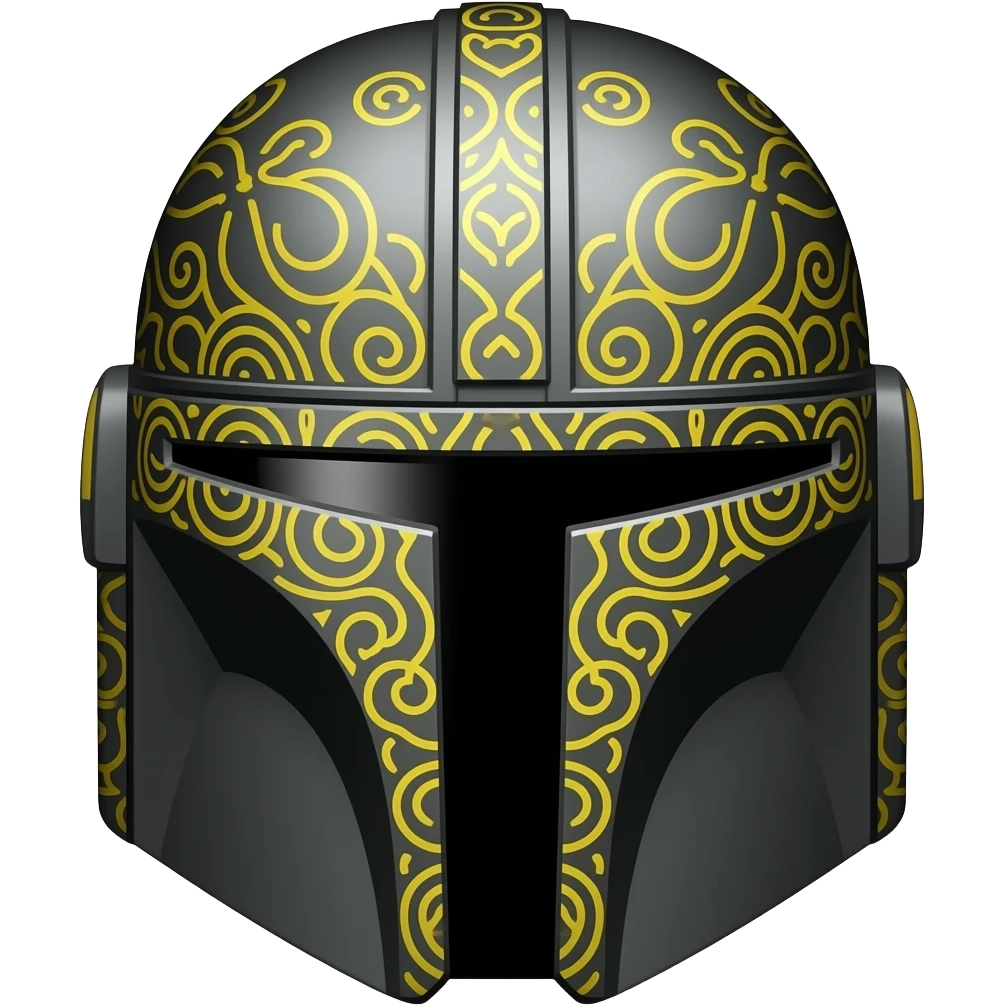 A black mandalorian helmet that has yellow markings all over it emoji