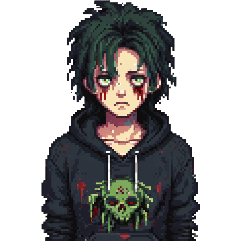 zombie with black messy hairstyle, tired face, bruises under the eyes, black hoodie emoji