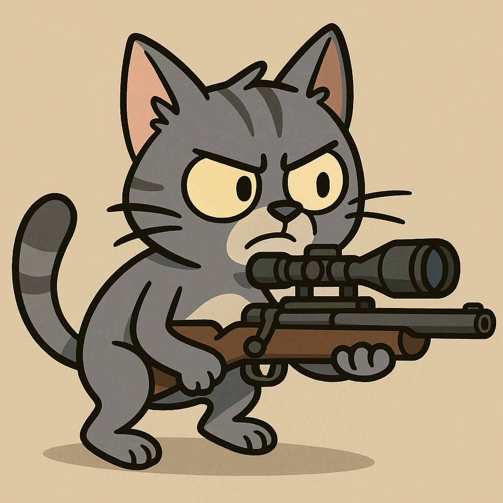 cartoonish small grey cat aiming a sniper rifle, exaggerated proportions emoji