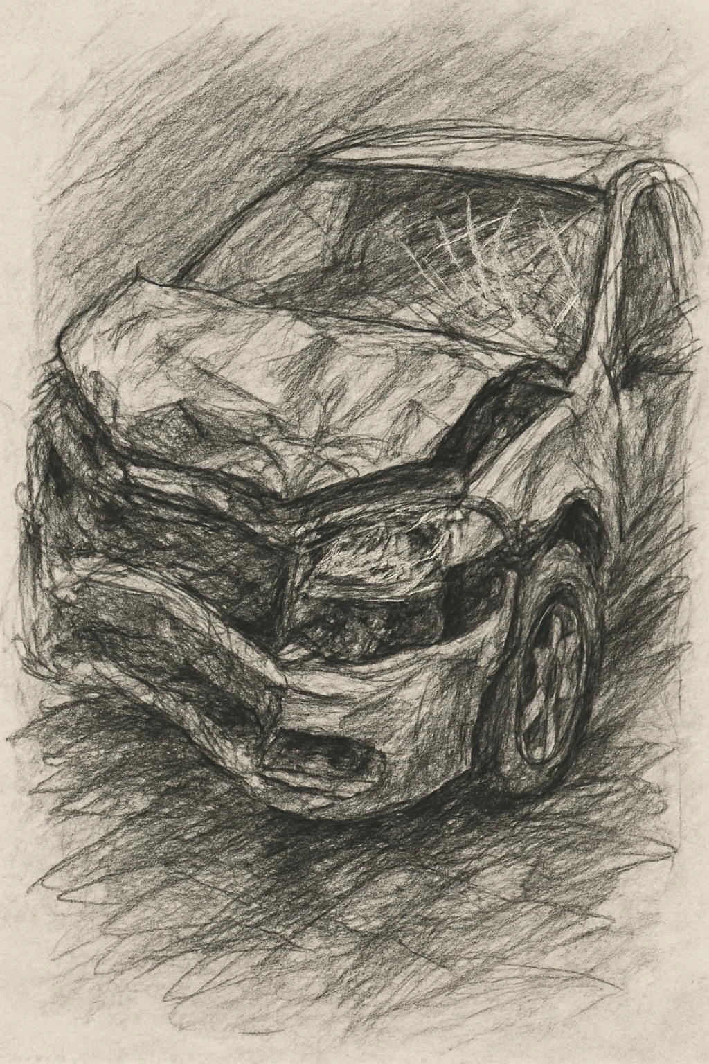 hand-drawn sketch of a badly damaged car, rough lines, crumpled hood, shattered glass emoji
