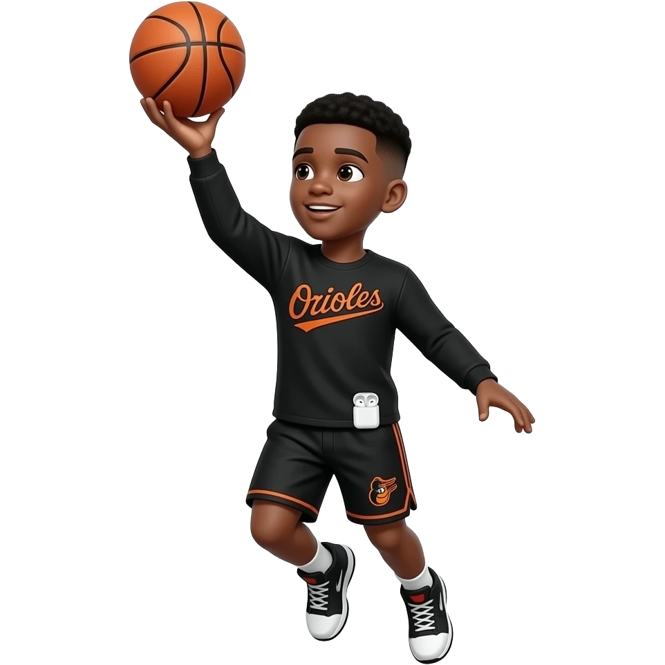 make a cute 22 year old boy who’s skin color is black with a black low taper fade in black long sleeve with orioles in orange with the same for the shorts but on the side, the long sleeve should say orioles in the middle with white airpods in and he is doing a fade away jumper with the 🏀 emoji