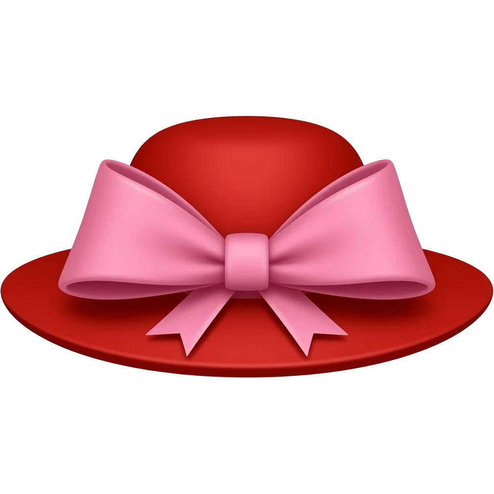 Red wide-brim hat with pink bow only, bright red color, large pink bow on front, cute 3D emoji style, transparent background, front view, isolated emoji