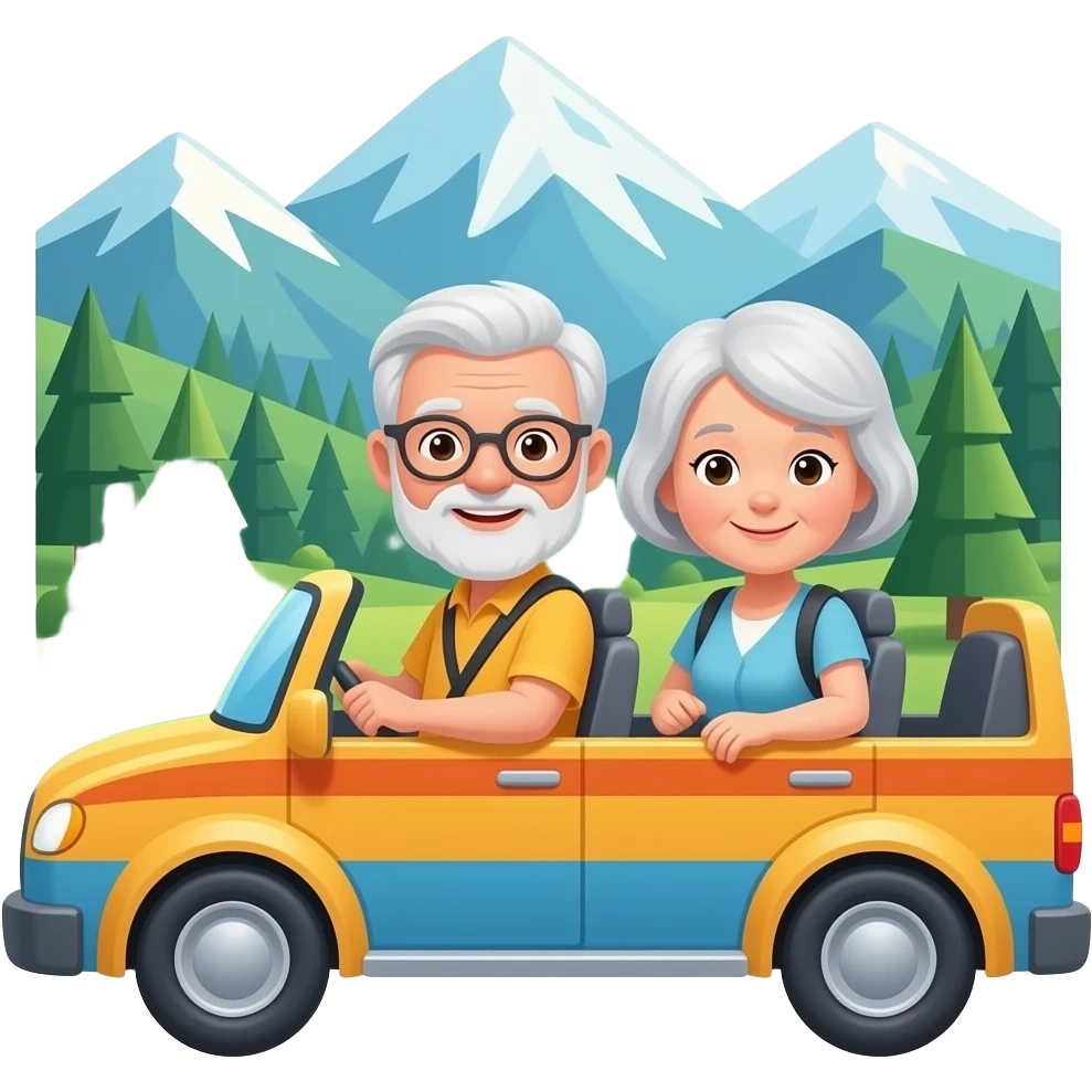 tee emoji jossa vanhempi pariskunta matkustaa matkailuajoneuvolla vuoristossa emoji