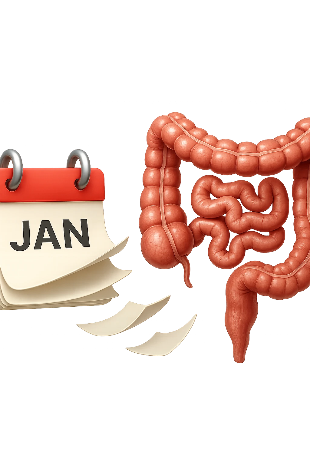 emoji stile iphone di un calendario con fogli che volano insieme a pezzi anatomici di colon umano, iperrealistico 4k, isolato su sfondo bianco emoji