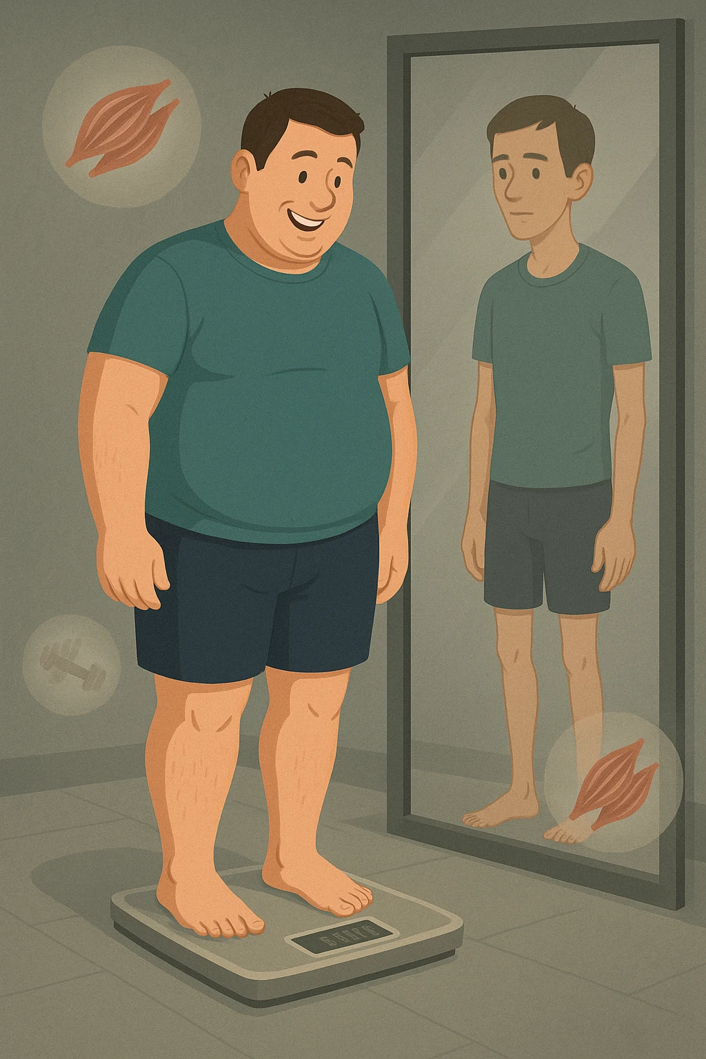a man stands on a scale, smiling at the lower number, but his reflection in a nearby mirror shows a thinner, but also visibly weaker and less muscular body. Around him, floating icons or faded images of muscle fibers and dumbbells highlight the overlooked loss of muscle mass. The mood is cautionary and educational. in italiano emoji
