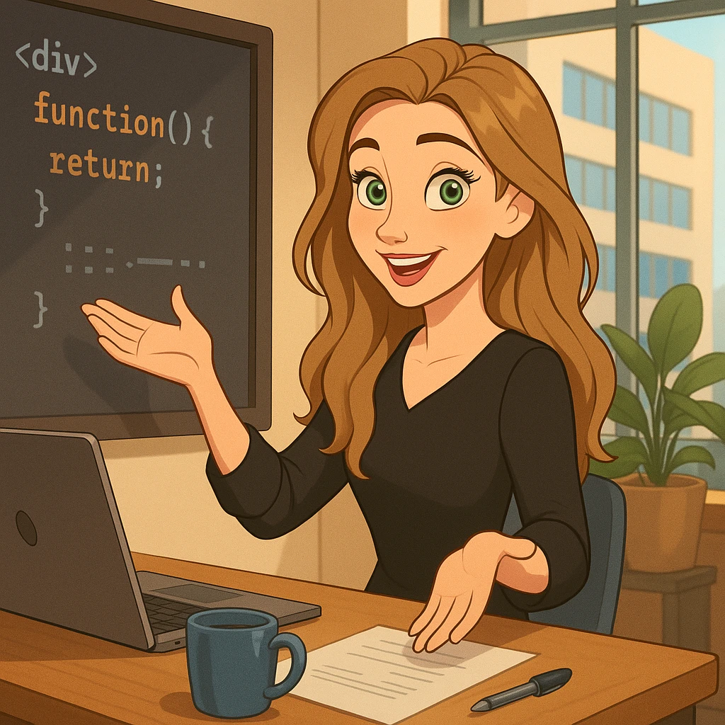 Disney cartoon European female software developer, long beach wavy dark blonde hair, green eyes, black long-sleeved blouse, no chain, no glasses, business setting, smiling, teaching behavior emoji