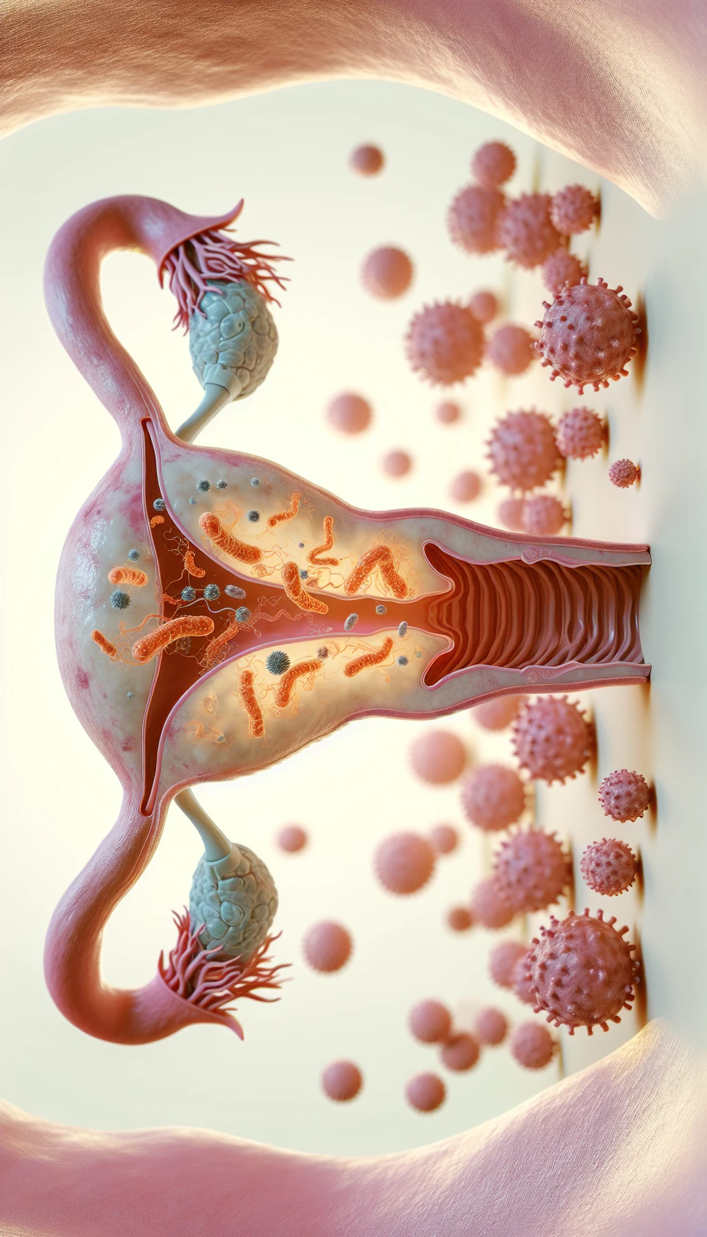 corpo umano anatomico con batteri come la candida nell'utero, sfondo neutro chiaro, iperrealistico 4k emoji