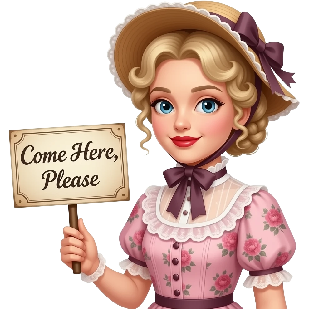 short blonde with spiral curly hair side swept bob pinned in a French twist  with a vintage sign saying come here, please in an 1800 pink floral outfit  and victorian hat in red lipstick emoji