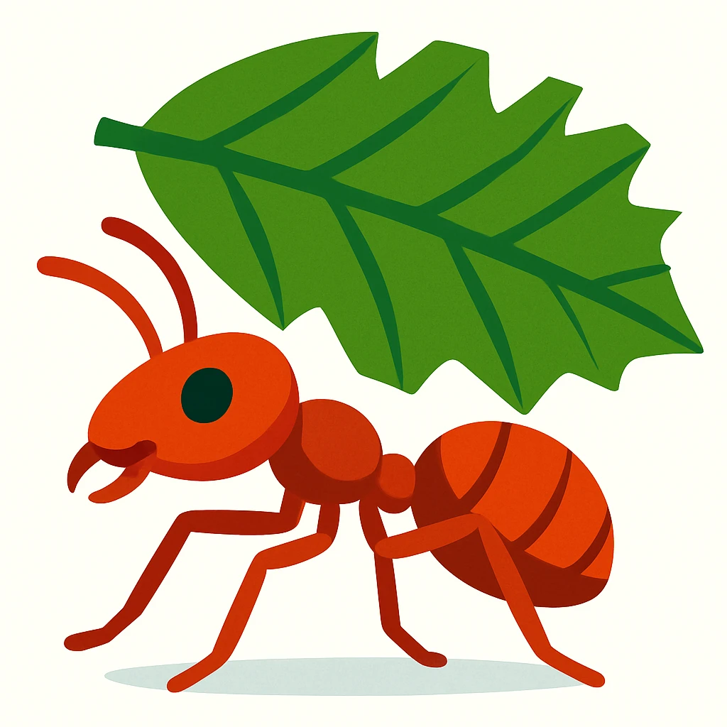 close-up of a leaf cutter ant with a jagged leaf, vibrant toon style, white background emoji