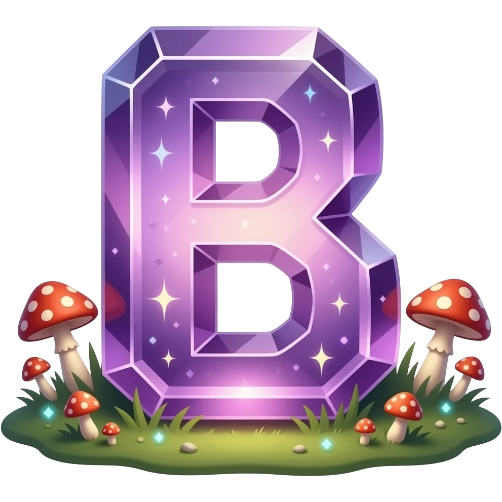 A letter 'B' carved out of a singular, transparent Amethyst crystal, internal glowing magical light, surrounded by soft glowing mushrooms, magical realism style, detailed, 3D, shimmering particles, fantasy illustration emoji