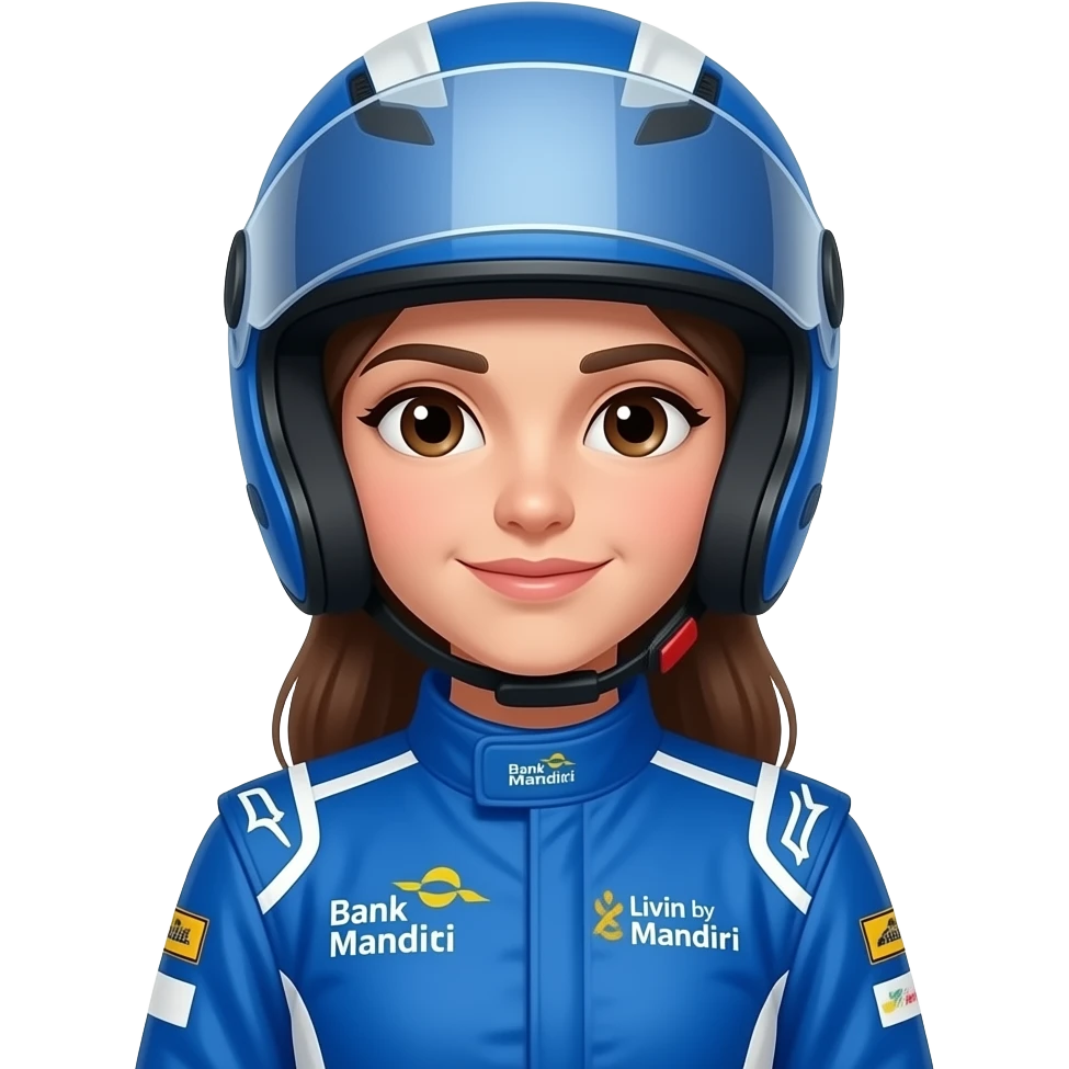 create a f1 girl with blue costume, showing sponsored in costume with logo bank mandiri & livin by mandiri, using helmet emoji