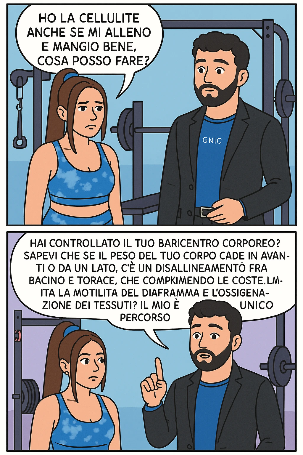 TRASFORMA QUESTO CAROSELLO IN UN FUMETTO CON QUESTE DUE PERSONE IDENTICHE CHE INTERLOQUISCONO TRA LORO:

LEI: Ho la cellulite anche se mi alleno e mangio bene, cosa posso fare?

LUI: Hai controllato il tuo baricentro corporeo?
Sapevi che se il peso del tuo corpo cade in avanti o da un lato, c’è un disallineamento fra bacino e torace, che comprimendo le coste, limita la motilità del diaframma e l’ossigenazione dei tessuti?
Il mio è il primo e unico percorso che lavora sugli inestetismi con un lavoro mirato sul baricentro corporeo. emoji