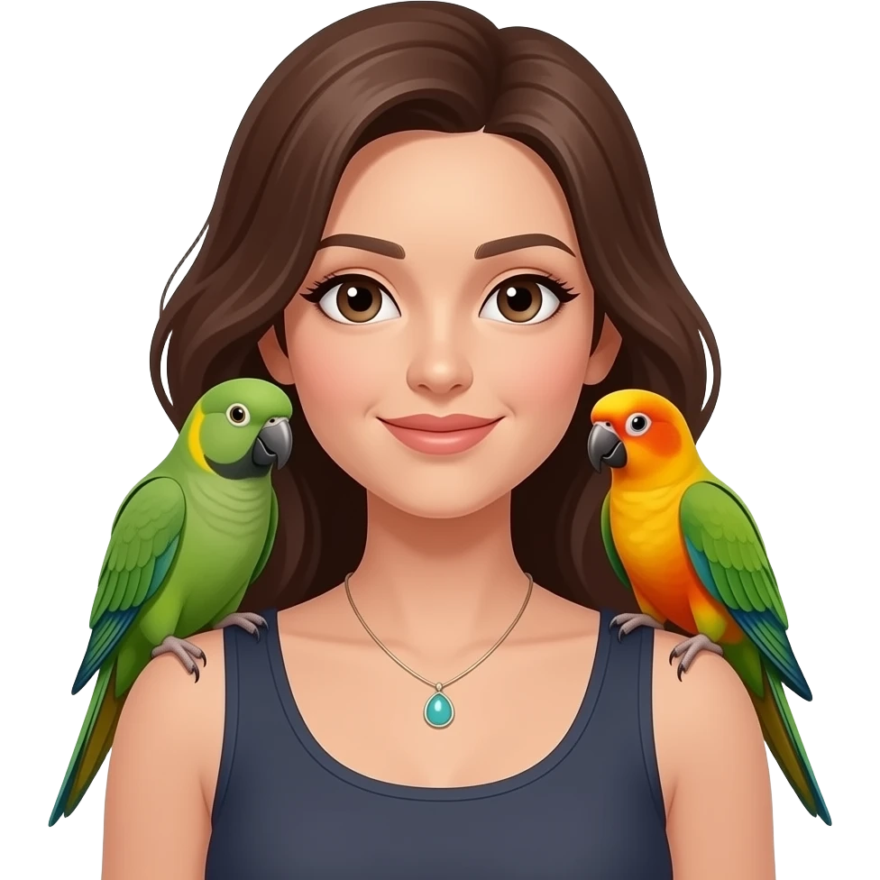green indian ring neck parrot on a brown haired womans shoulder with a sun conure parrot with all green wings on her other shoulder the woman is wearing a necklace emoji