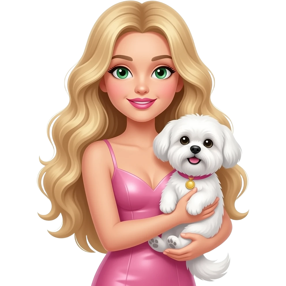 White girl, green eyes, very long wavy blonde hair, pink lips, sexy pink dress, holding her white Shih Tzu dog in her arms. emoji