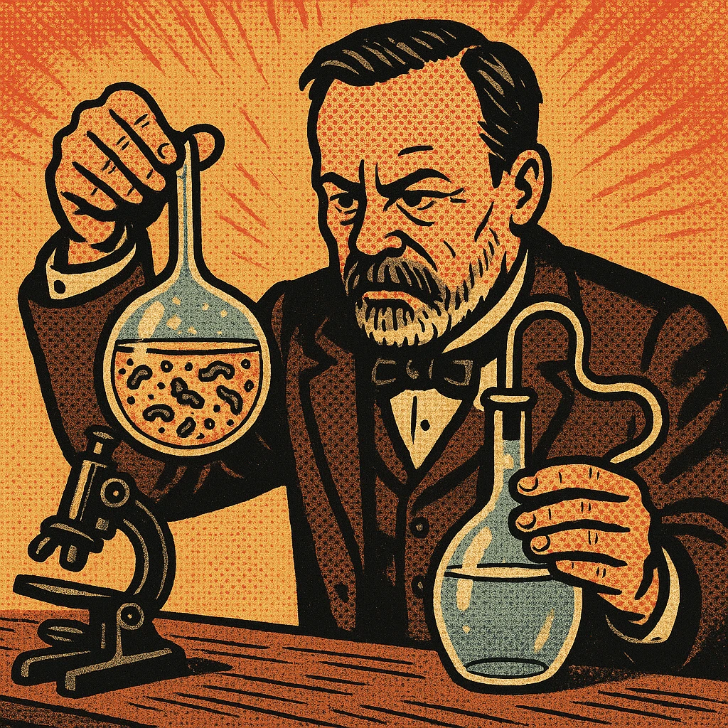 A victorian scientist like Louis Pasteur experimenting with two glass flasks.  One of the flasks has an open top and contains lot of bacteria in the water.  The other flask is sealed and contained clear water.  There is also a microscope on Pasteur's desk emoji