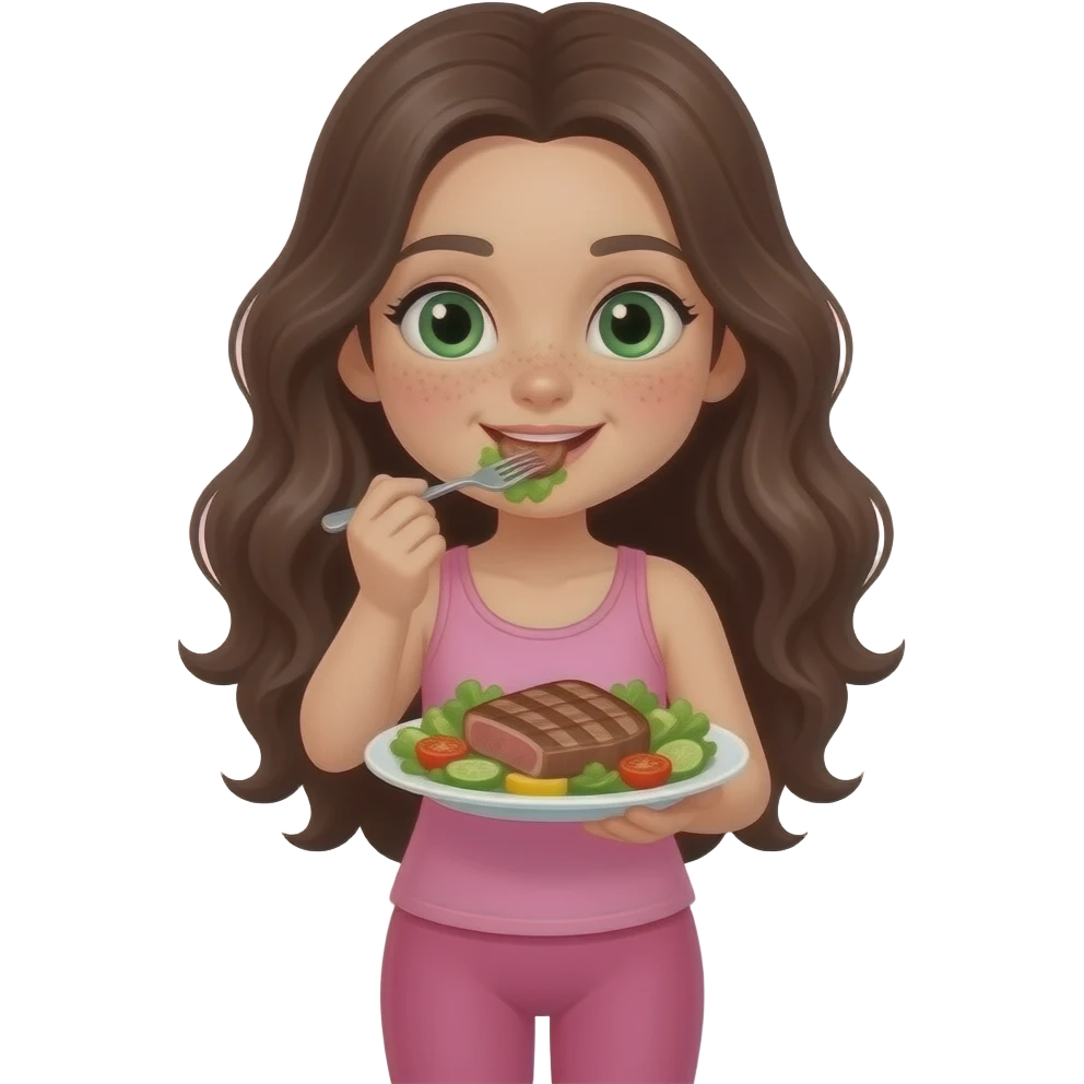 young girl in the style of iphone emoji people, fair skin, green eyes, freckles,long dark brown wavy hair, pink tank top and pink leggings, eats healthy food, steak and salad emoji