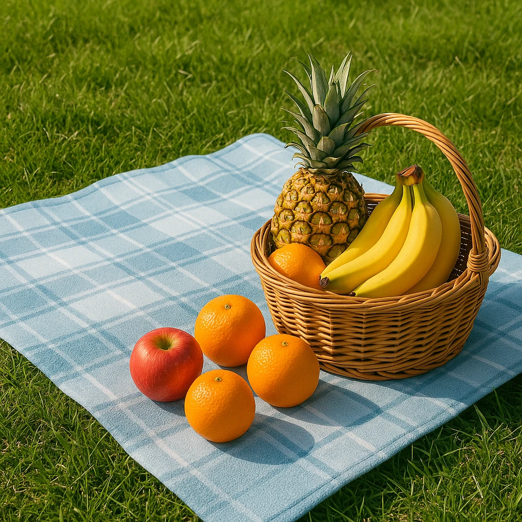Green grass with a light blue plaid blanket and a basket of fruit on it emoji