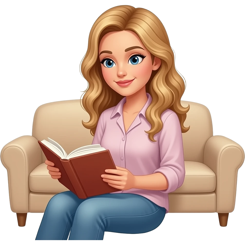 Emoji: Woman with white skin reading a book on a beige sofa. Long, wavy golden hair. Beige. emoji