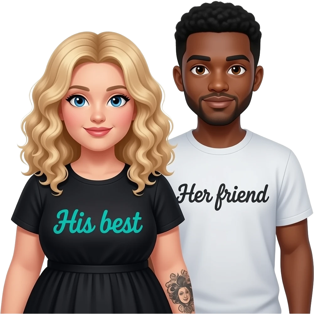 Plus size curly Blonde girl with blue eyes with black tattoos on right lower arm wearing a black summer dress with saying “ His best” written in teal writing and African American man with black hair with brown eyes NO facial hair with saying “Her friend“ on his shirt emoji