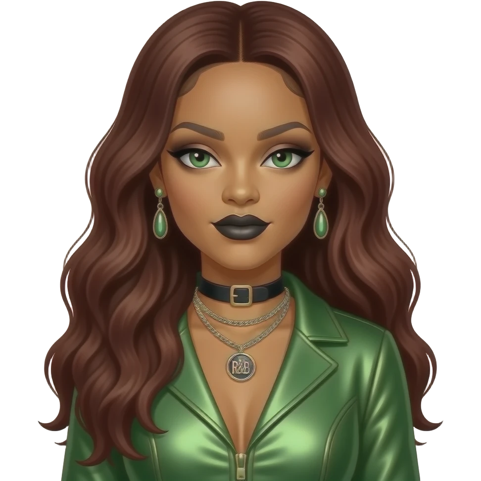 Rihanna with hazel-green eyes, long dark auburn hair, black eyeshadow and lipstick, green metallic R&B outfit, necklace and earrings emoji