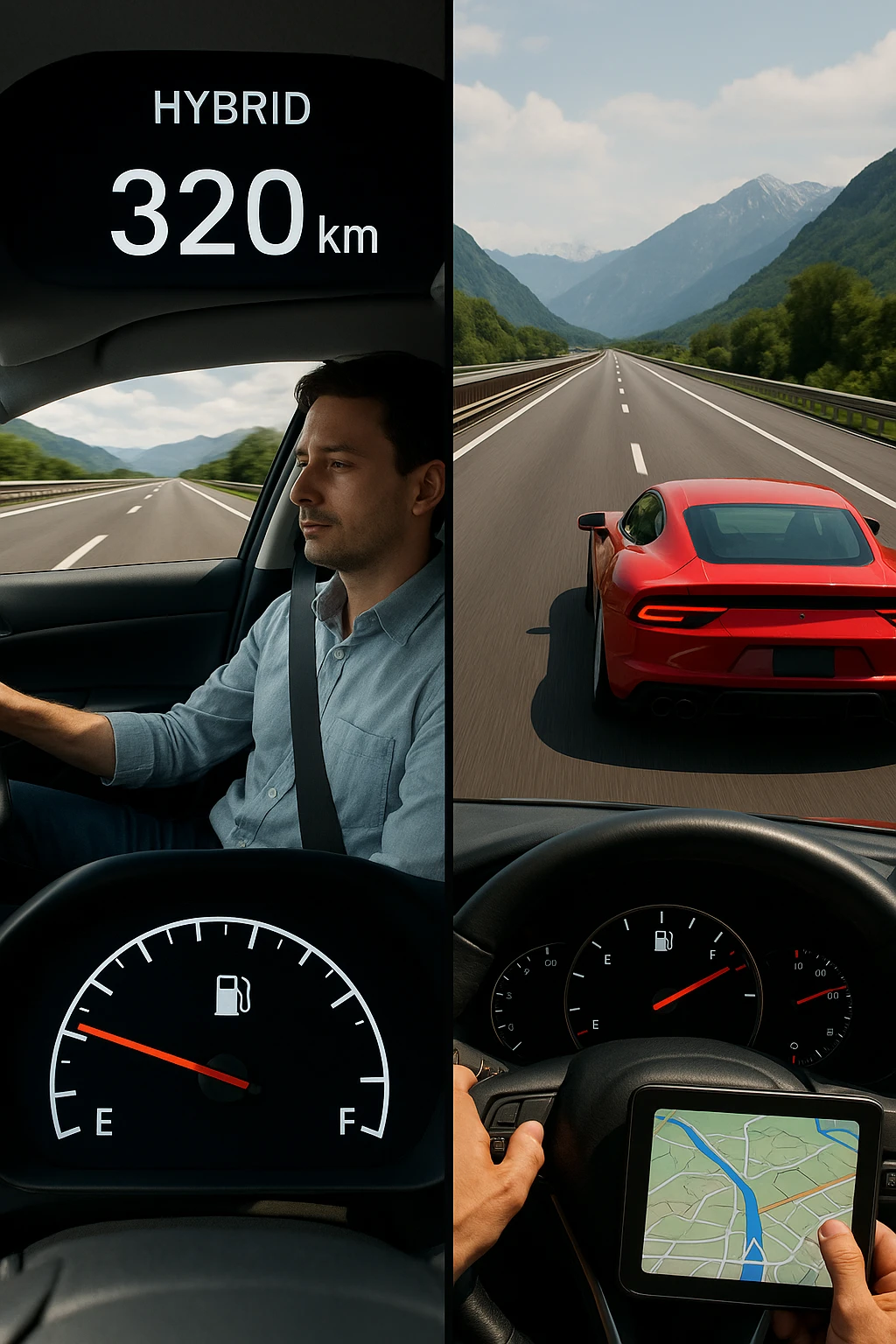 "Split screen highway scene: left side fuel-efficient hybrid car smoothly cruising at optimal speed with digital display showing remaining range 320km, serene driver with relaxed expression; right side gas-guzzling sports car speeding aggressively with fuel gauge rapidly dropping toward empty, stressed driver checking gas stations on GPS, Italian autostrada stretching endlessly ahead, mountain landscape backdrop" emoji