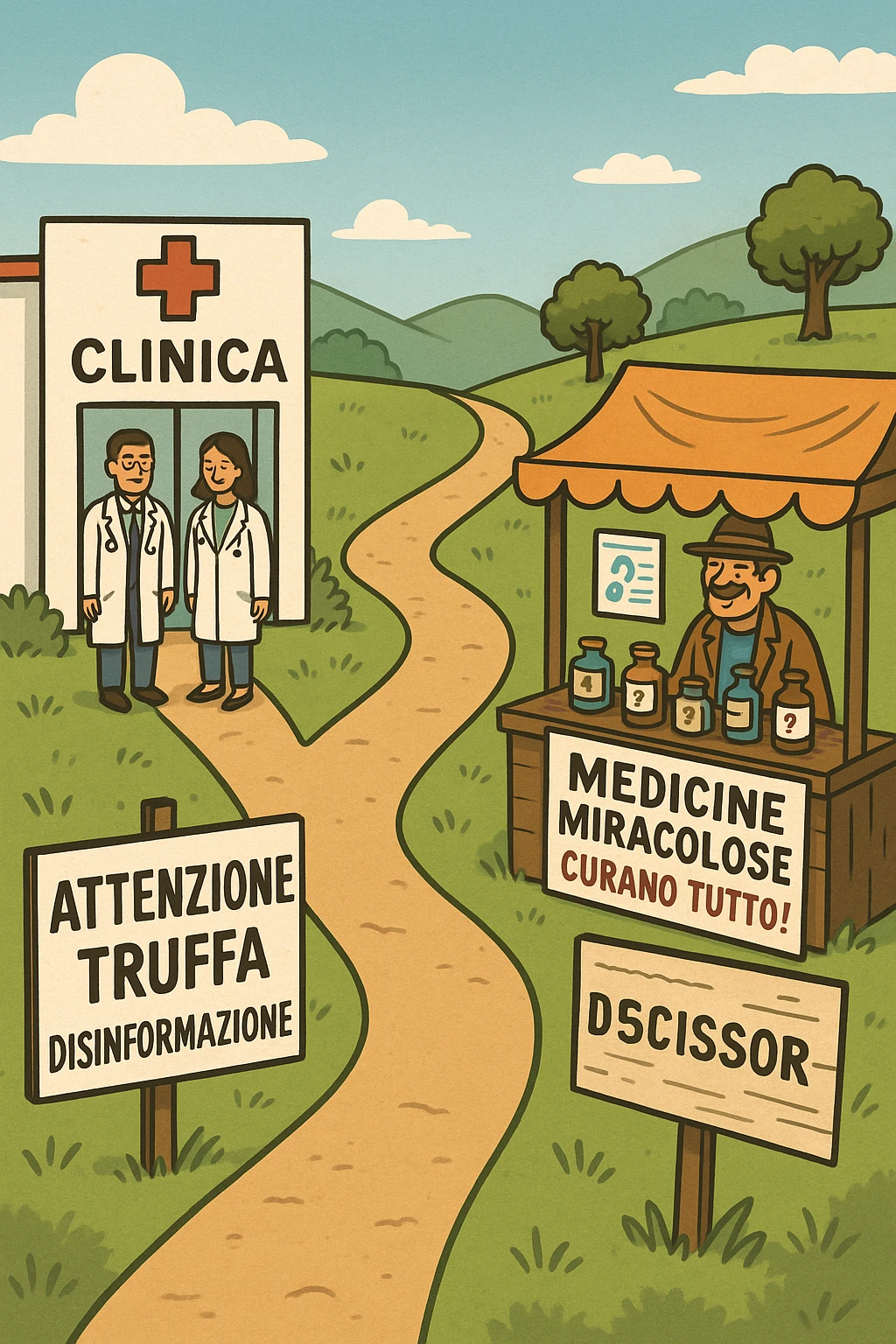 two paths diverge—one leads to a trustworthy clinic with doctors and scientific posters, the other to a shady stand selling “miracle” medicines with exaggerated claims. Signs along the second path warn of scams and misinformation. The scene encourages viewers to choose reliable, science-based healthcare. in italiano emoji