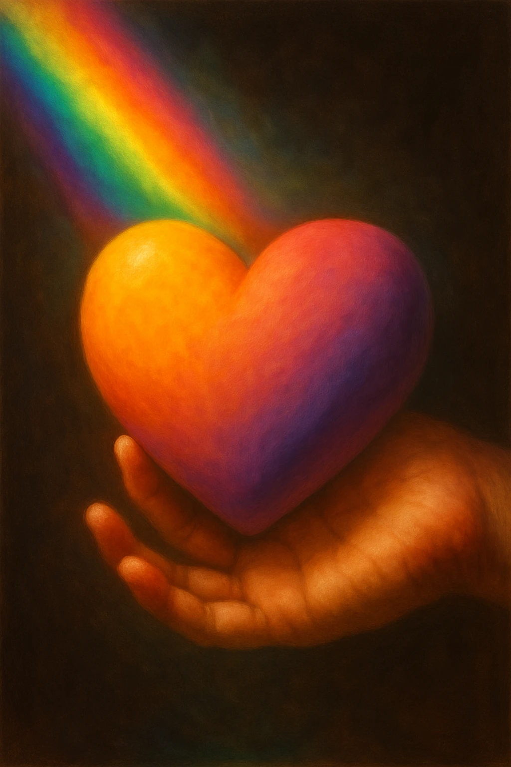 A hand holding a heart with a warm gradient, including yellow, orange, purple and lilac shades, a ray of rainbow light and darker muted tones, aspect ratio 3x4, glow, realistic hand emoji