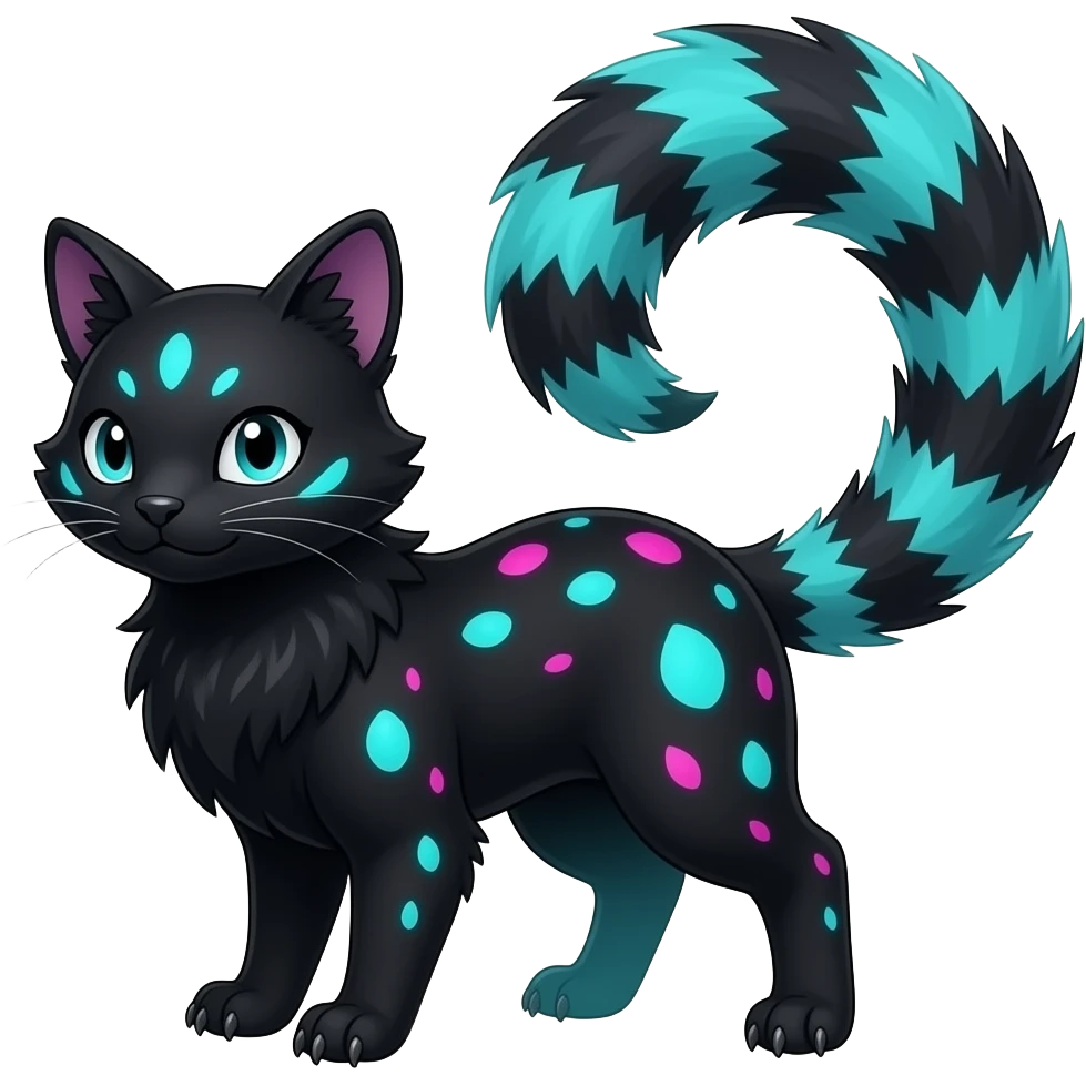 Fantasy Abyssal onyx-obsidian-pitch-Black-coated fur with glowing random cyan and magenta markings divine beautiful elegant pretty precious cute young youthful Fakémon-Pokémon-alien-opossum-feline-serval-caracal-chinchilla-Minccino-hybrid-creature with a big fluffy bushy striped tail (full body) emoji