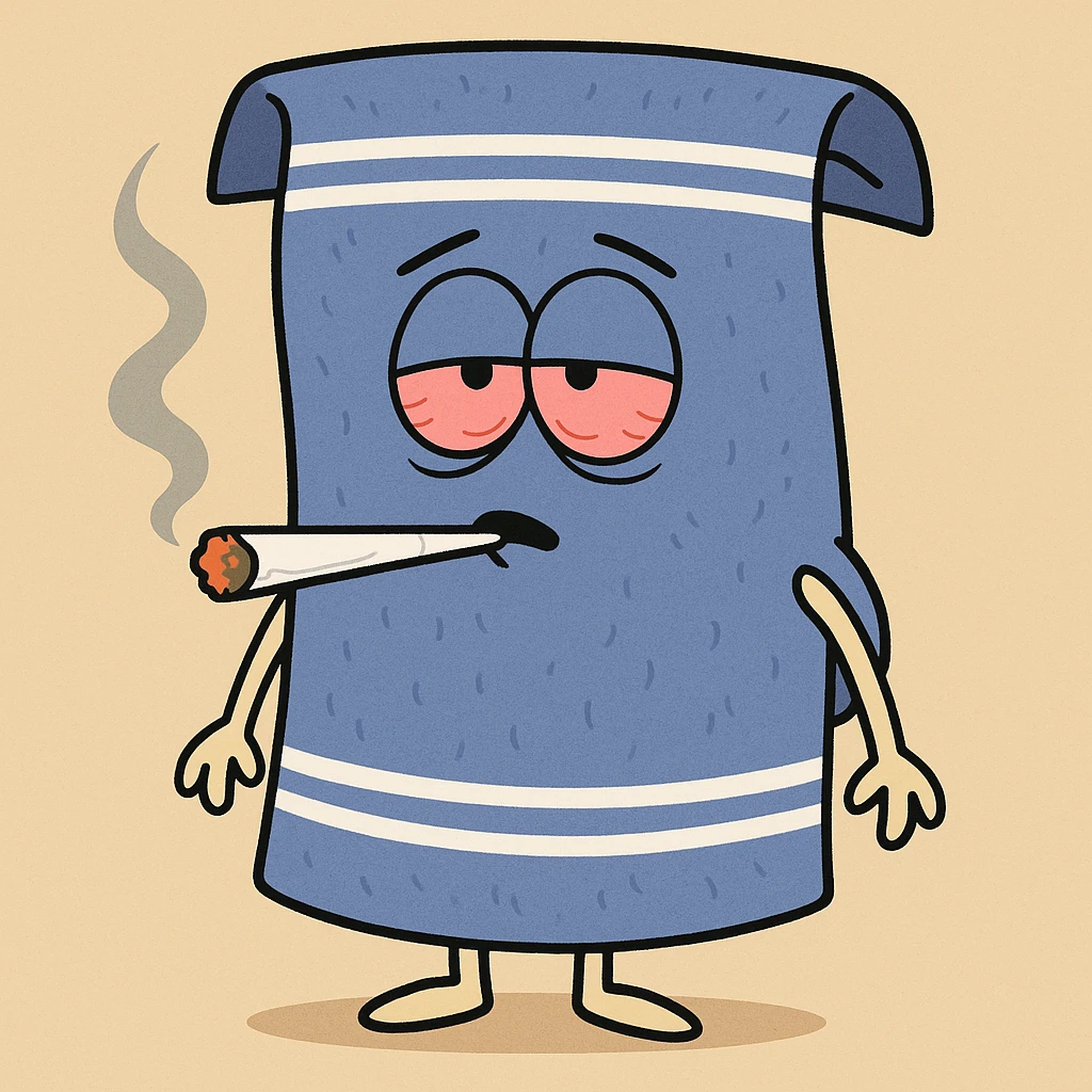 blue towel character from South Park style, joint in mouth, half-closed red eyes emoji