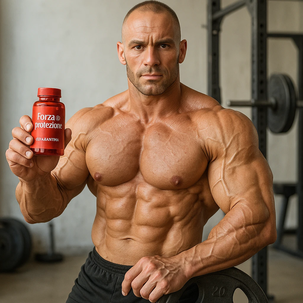 hyper realistic bodybuilder with astaxanthin supplement near weights, sculpted muscles, red bottle, text 'Forza e protezione', gym environment, light background emoji