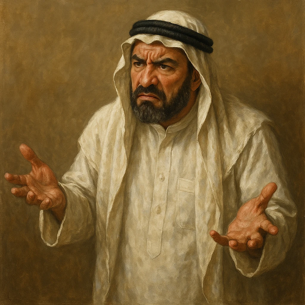 Сгенерируй араба в национальном  костюме, он чуть недоволен и размахивает руками, в стиле реалистичной живописи. . На однородном фоне emoji