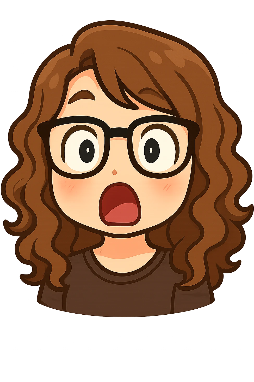 Create a chibi sticker emoji of this person with glasses and curly hair, surprised expression, in Twitch emote style, with a transparent background. emoji