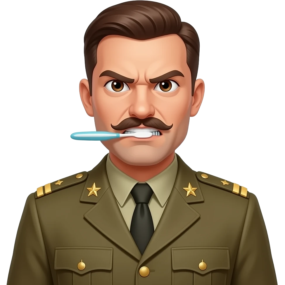 man with toothbrush mustache that looks angry, and he has khaki military uniform on with stars emoji
