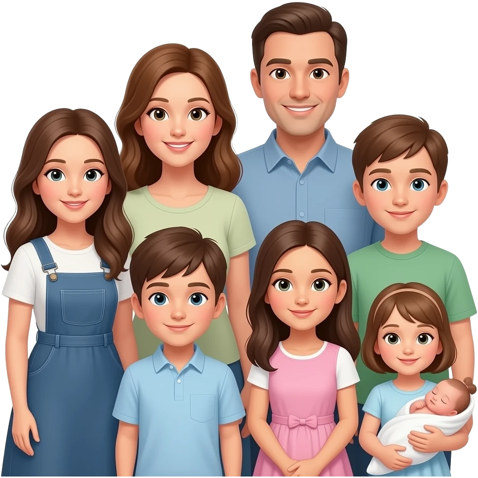 family of 8 white people and all with brown hair with 2 parents mom and dad with 6 kids 13 year old girl 10 year old boy 10 year old boy 8 year old girl small todler girl and newborn girl emoji