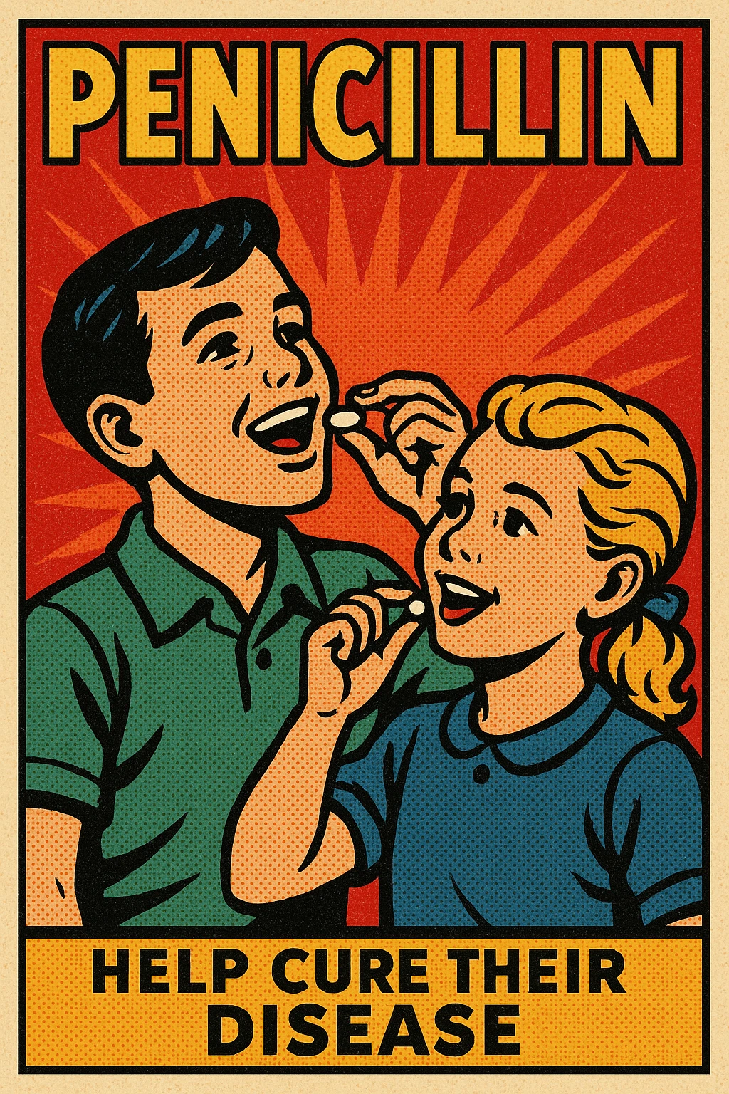 A poster advertising 'penicillin' with a picture of two healthy children taking pills to help cure their disease emoji