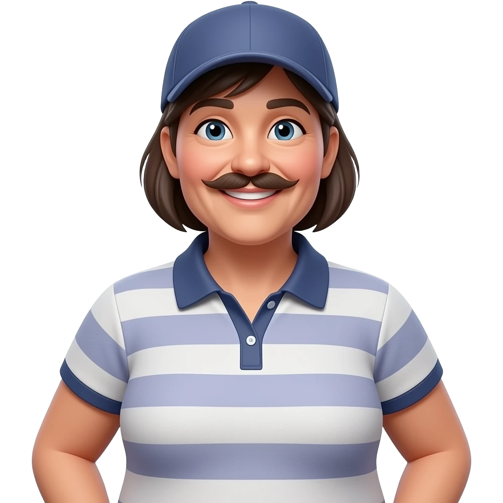 A 40 year woman character with a mustache, a forward cap, a slight tan, a prominent belly, and a casual polo shirt. He has a friendly, smiling expression with laugh lines, realistic skin texture, and is standing in a relaxed pose. Volumetric lighting, 3D render style, isolated on a white background. emoji