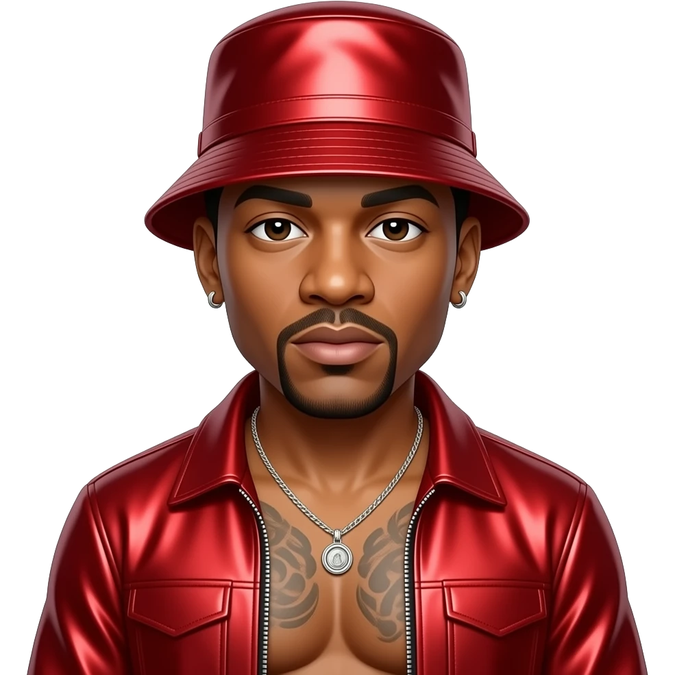 LL Cool J with dark brown eyes, red metallic bucket hat, red metallic hip-hop outfit, shirtless with necklace and earrings emoji