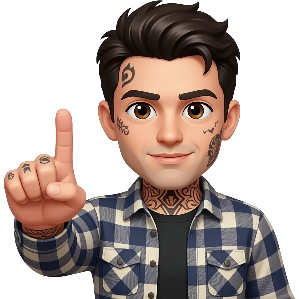 Dark brown hair brown eyes face tattoos wearing a flannel flipping off the camera emoji