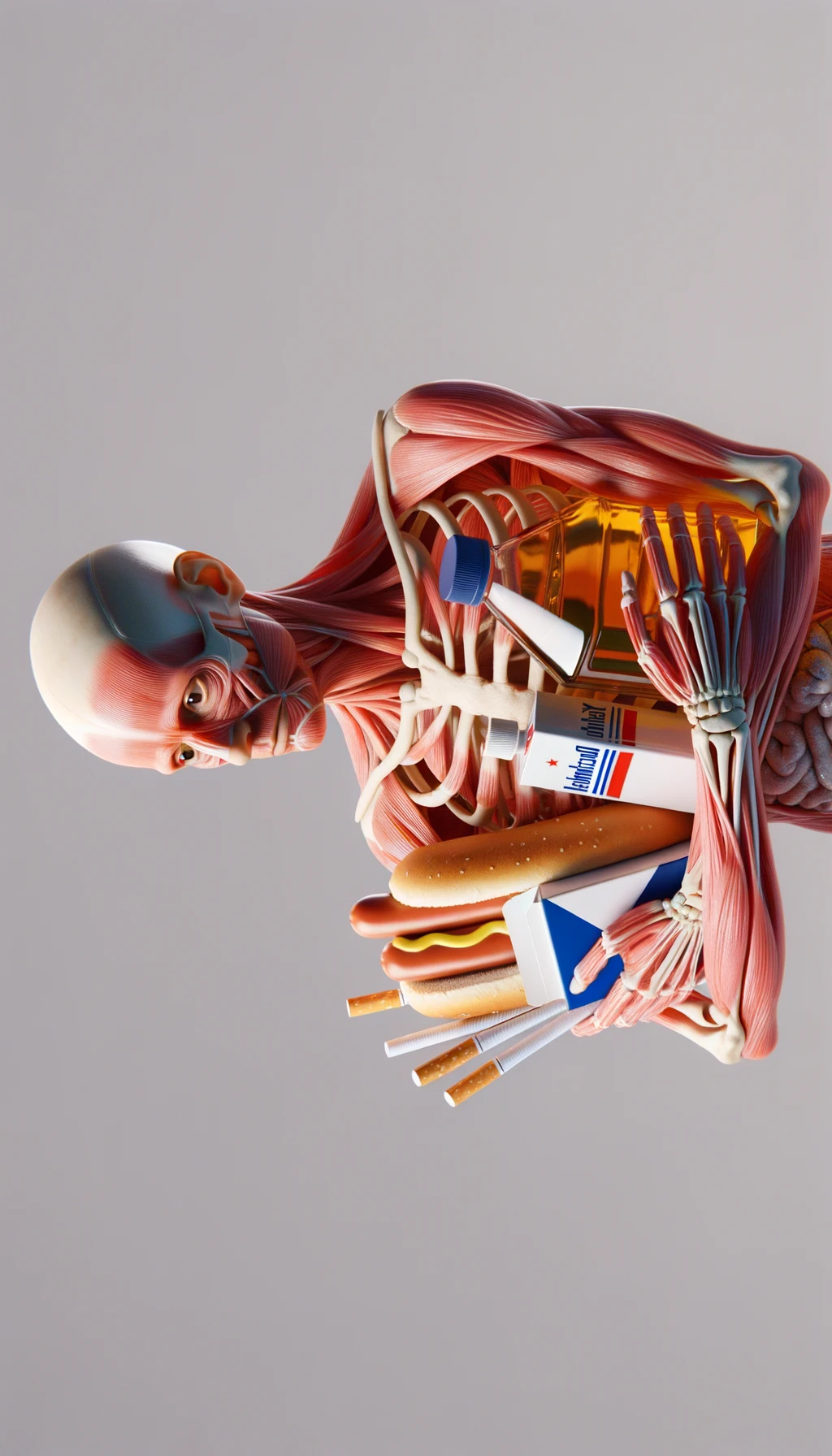 CORPO UMANO ANATOMICO CHE TRA LE BRACCIA SIGARETTE, ALCOL E WURSTEL CONFEZIONATI, LI GUARDA CON ESPRESSIONE INDECISA IN VOLTO, NEUTRAL CLEAR BACKGROUND, iperrealistico 4k emoji