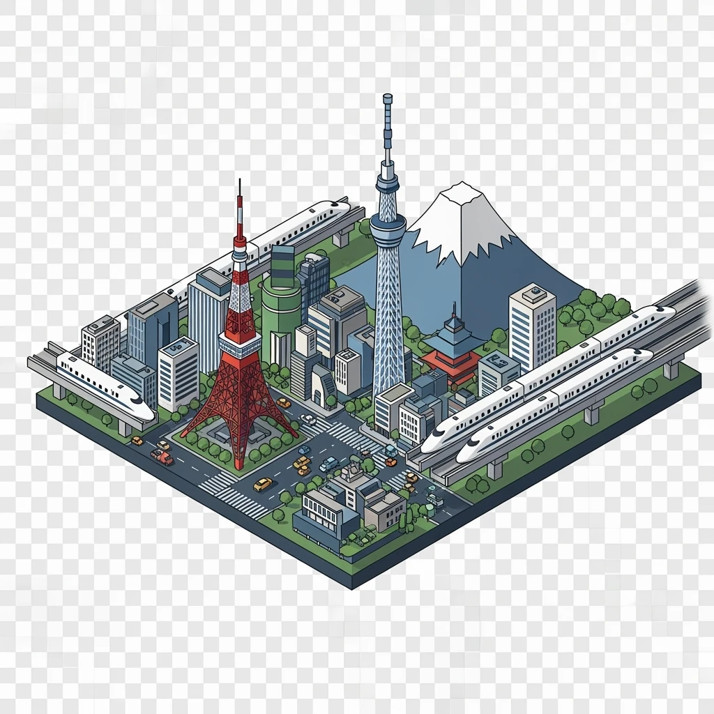 Isometric minimalistic illustration of Tokyo, with Tokyo Tower, Skytree, Shibuya Crossing, Mount Fuji in background, high-speed trains, subtle 3D miniature effect and Tilt Shift effect, no cartoonish look, transparent background. emoji
