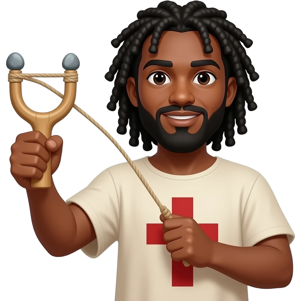African American man with shoulder length black dreadlocks  and black beard wearing a tunic with a red cross on it swinging a slingshot with 3 stones in it emoji