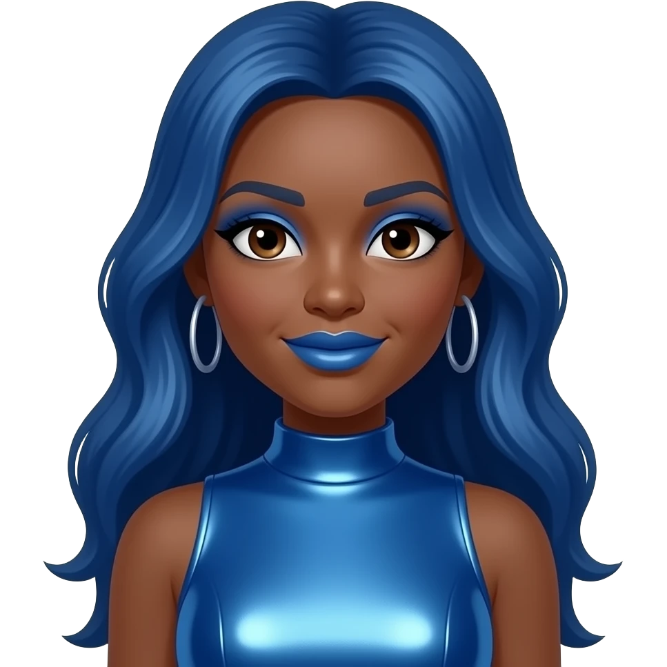 Zonnique "Star" Pullins from OMG Girlz with dark skin, dark brown eyes, long blue hair, blue eyeshadow, blue lipstick, blue metallic high neck dress, earrings emoji