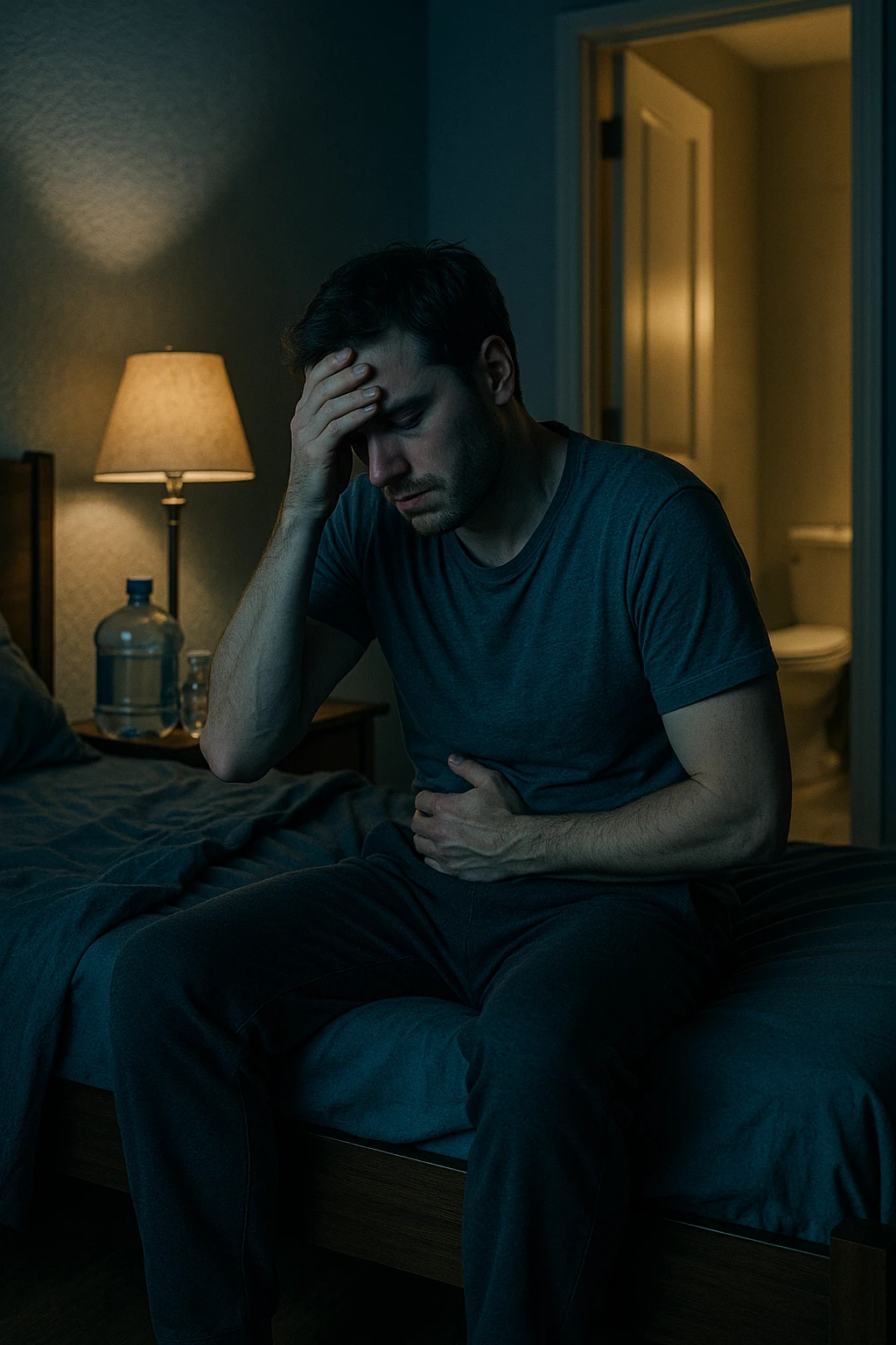A cinematic scene of a man in his 30s sitting on the edge of his bed at night, clearly tired and frustrated. On his nightstand are several empty water bottles and a large reusable water jug, suggesting excessive hydration. A dim lamp casts soft shadows in the room, and the door to the bathroom is open with light spilling out — symbolizing repeated nightly visits. The man holds his head in one hand, while the other rests on his abdomen, eyes heavy with fatigue. The atmosphere is quiet and introspective. Cool color grading with deep blues and pale yellows enhances the nighttime mood. Style: 35mm cinematic realism, with attention to emotional detail and ambient lighting emoji