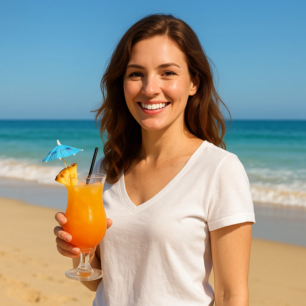 take this picture of a woman and make it  beach photo with drink emoji