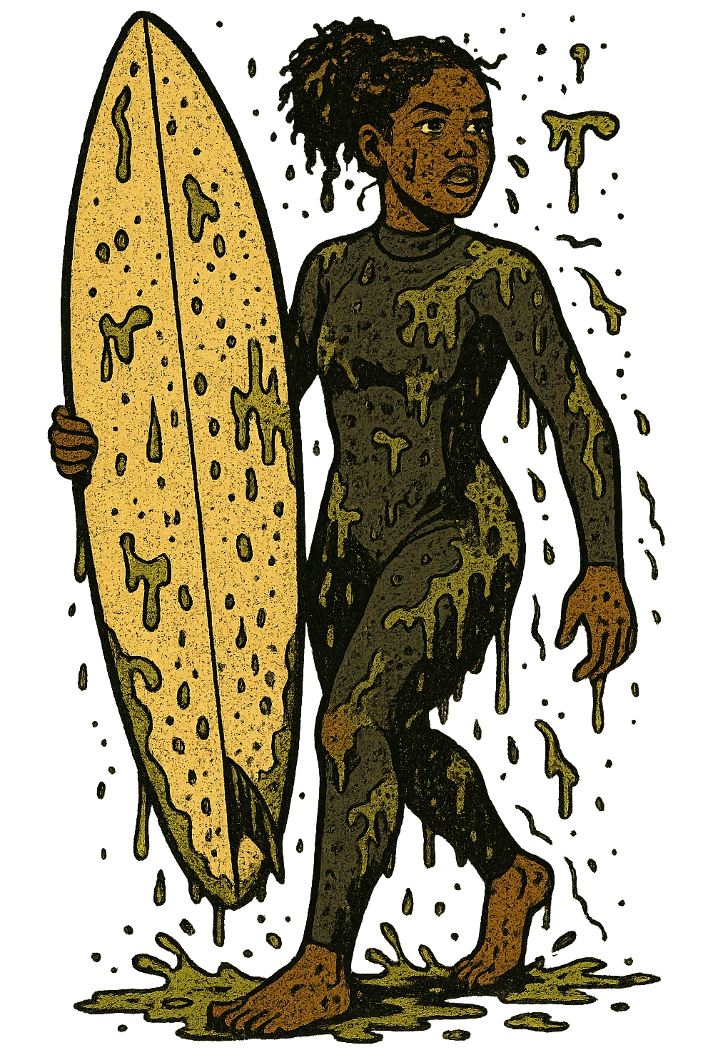 The full body of a modern day black surfer girl in her twenties carrying an upright surfboard and wearing a wetsuit.  The girl is covered in sewage and pollution from the sea. emoji