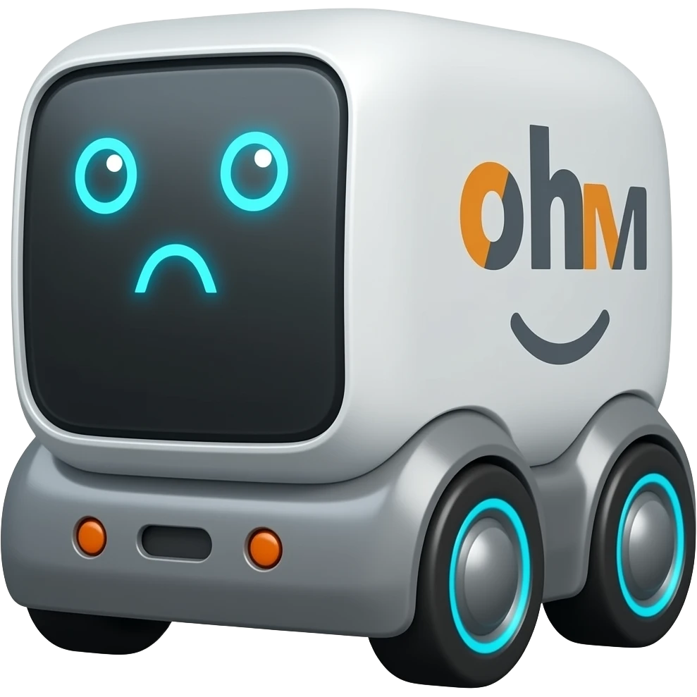 A square delivery robot with a display showing blue eyes and a camera at the rear emoji