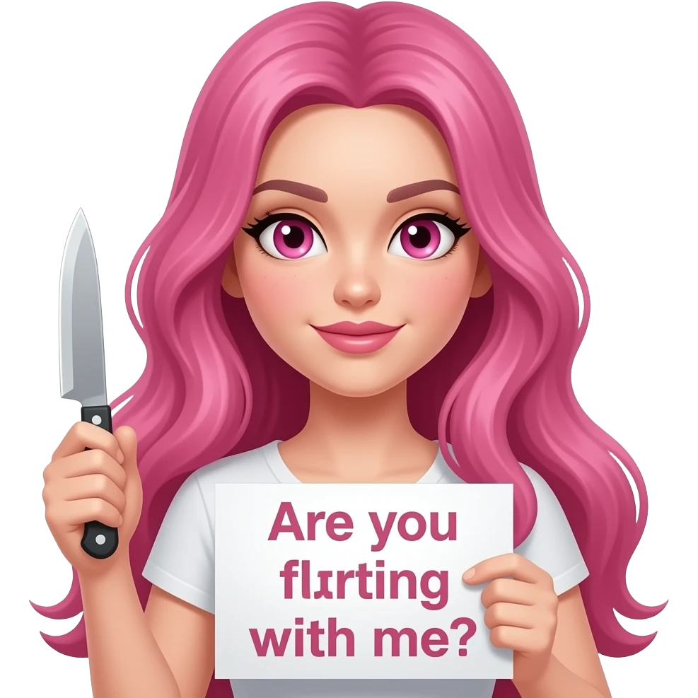 sexy girl with long pink hair and pink eyes wearing a holding a A KNIFE? Are you Flirting with me? sign emoji